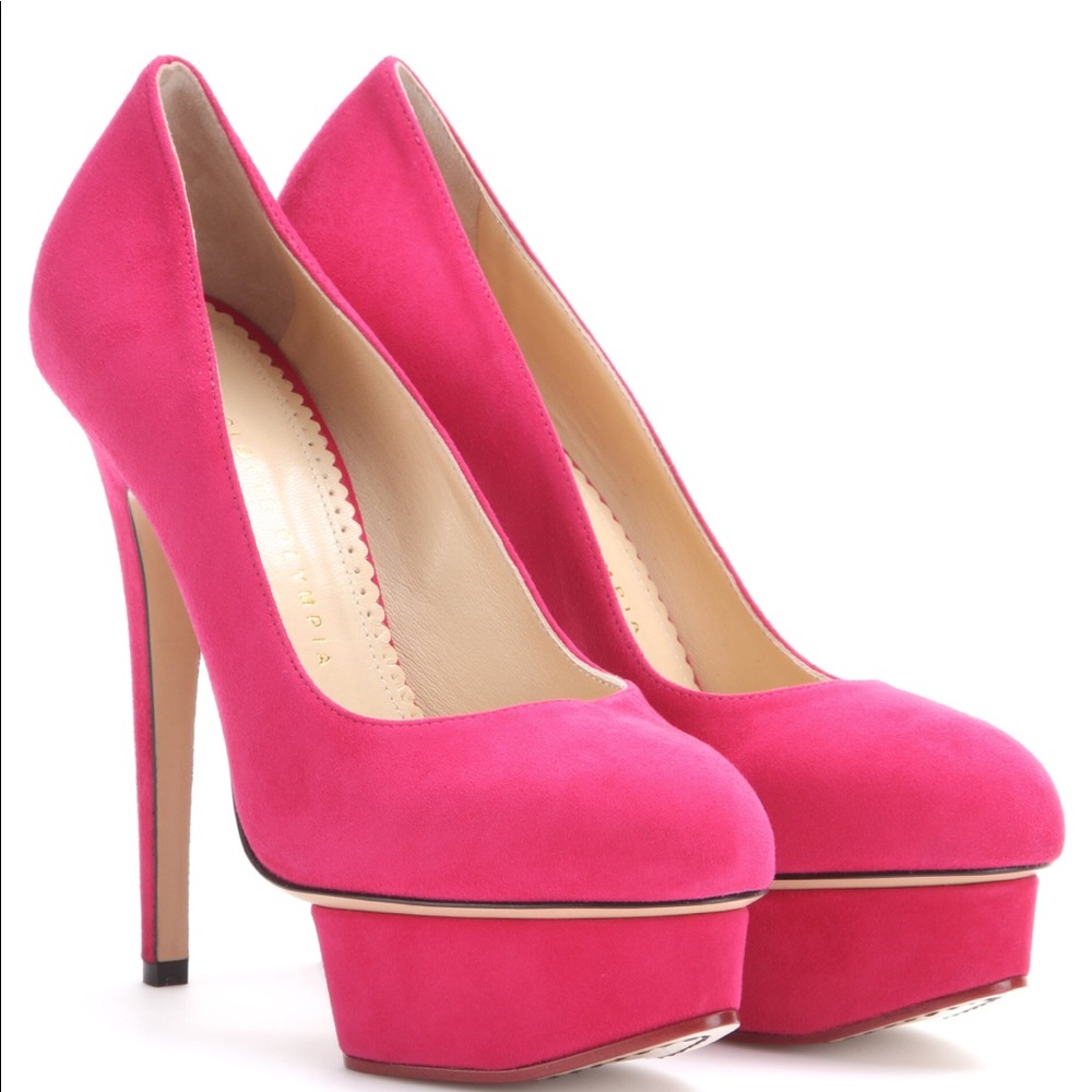 Charlotte Olympia Hot Dolly Suede Hot Pink Pumps
